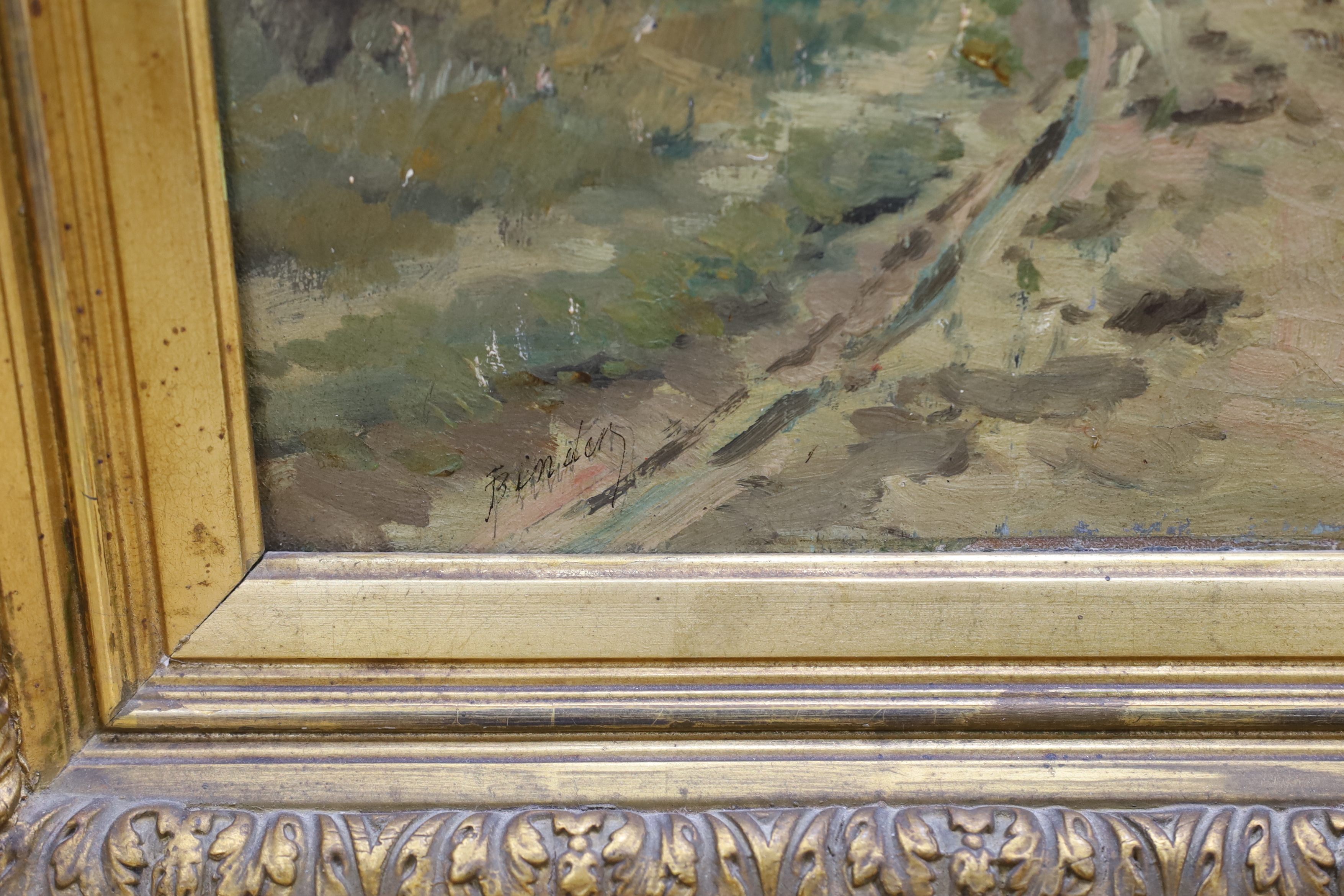 19th century School, impressionist oil on canvas, Church in a landscape, indistinctly signed lower left, 42 x 28cm, ornate gilt framed